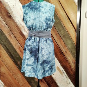 Blue tie dye sleeveless shift dress front with belt