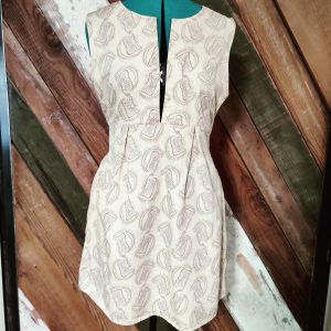 sleeveless, open V-neck dress, Cream with crescents