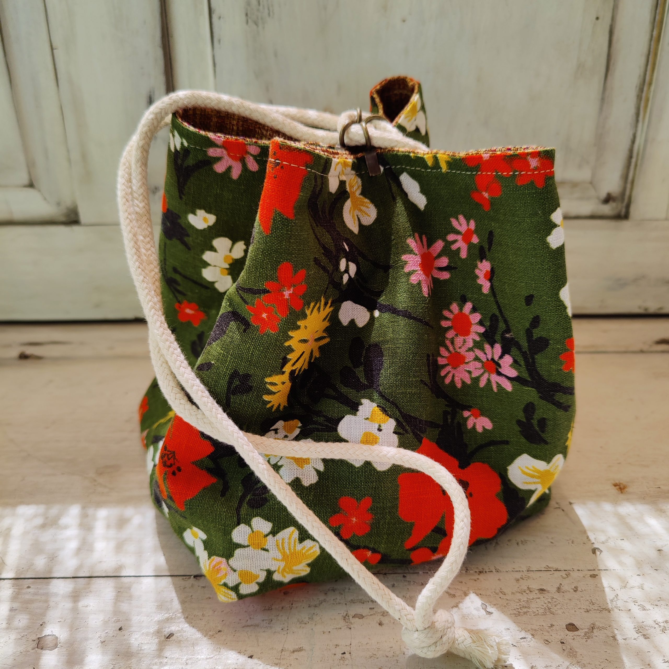 Komebukuro Style Rice Bag Green with flowers - Image 3