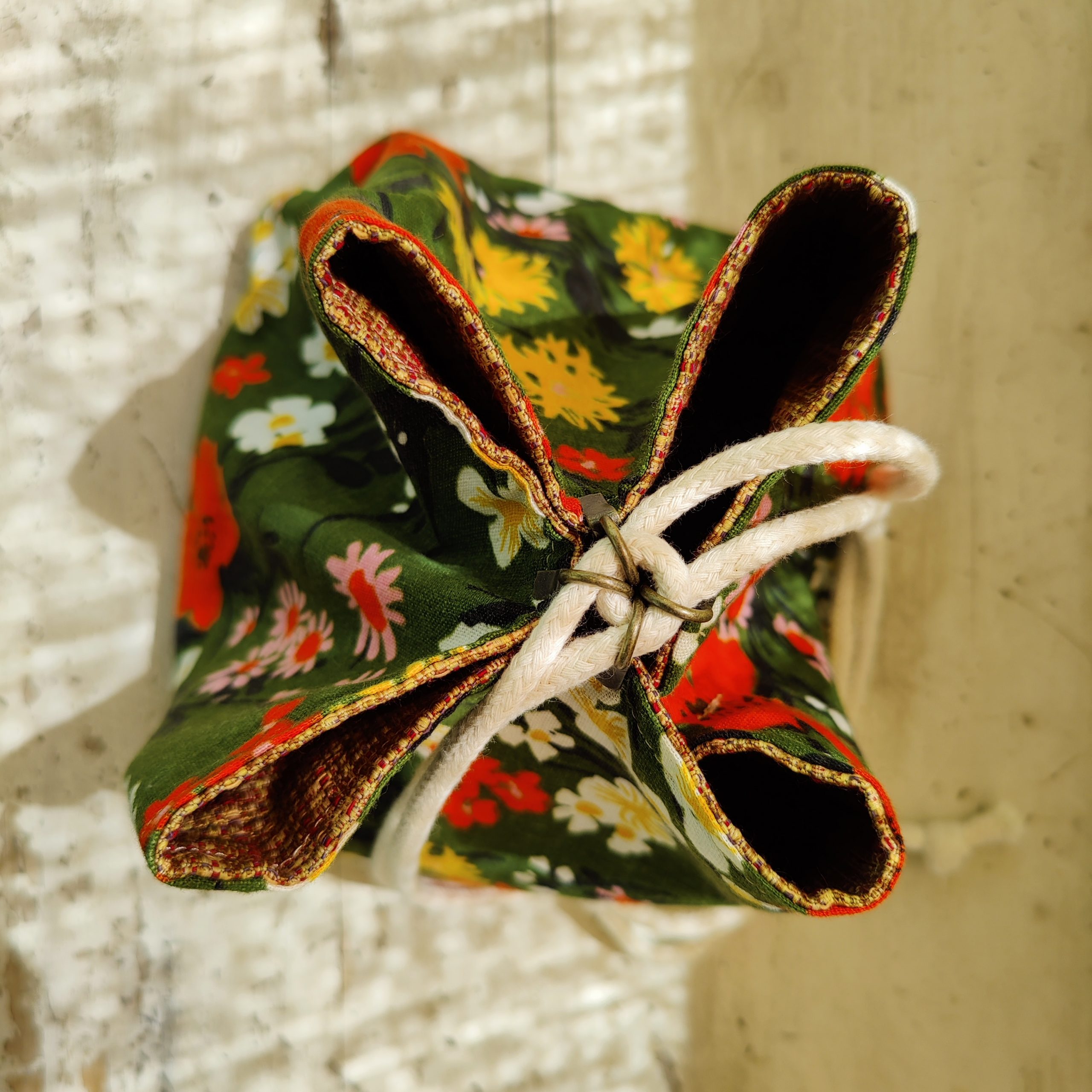 Komebukuro Style Rice Bag Green with flowers - Image 2