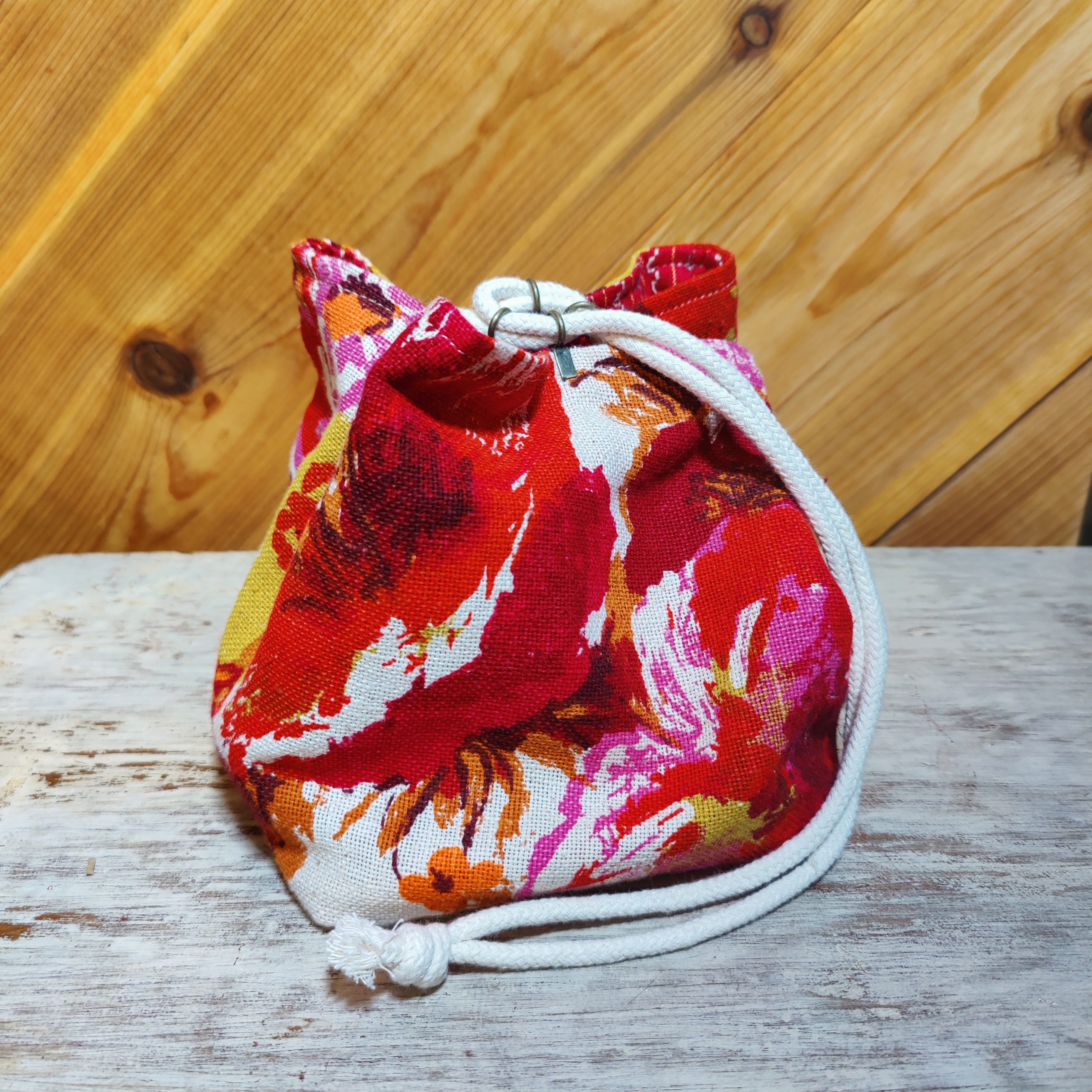 Red floral drawstring bag